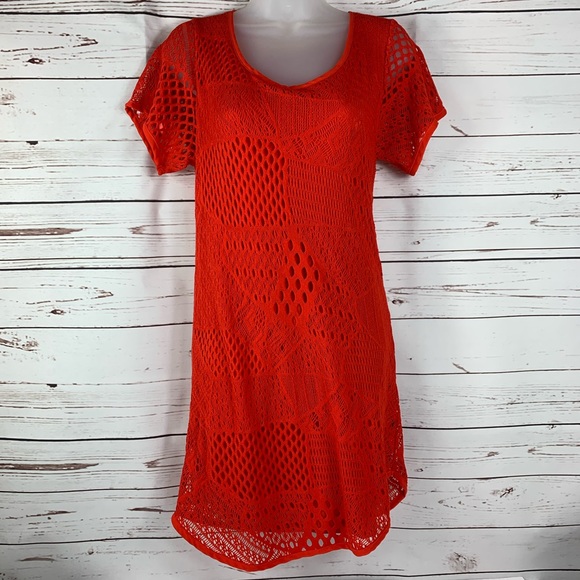 ecoté Dress Patchwork Crochet Orange Short Sleeve - Picture 2 of 7